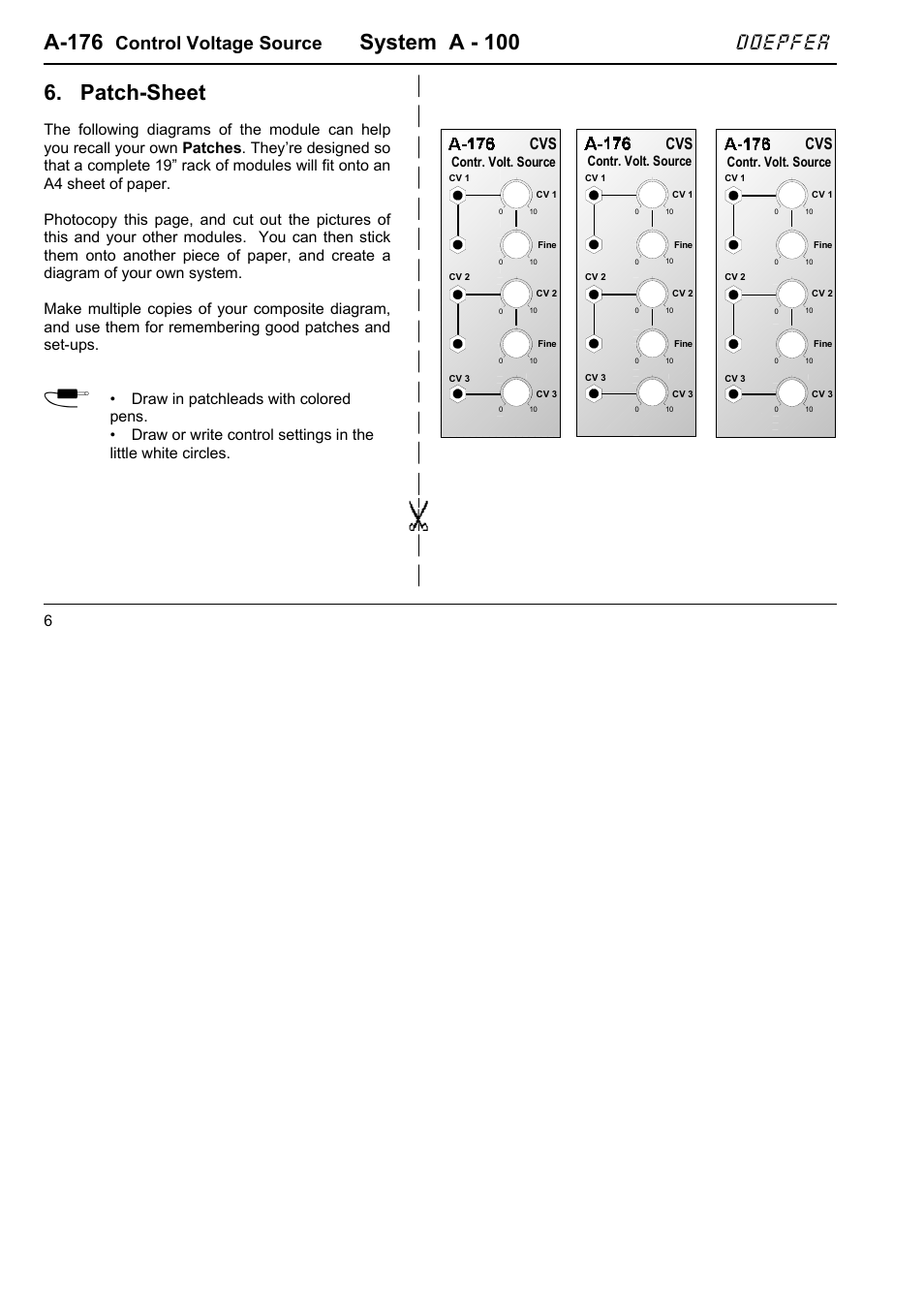 A-176, System a - 100, Patch-sheet | Doepfer, Control voltage source, Contr. volt. source | Doepfer A-176 Triple Control Voltage Source User Manual | Page 6 / 6