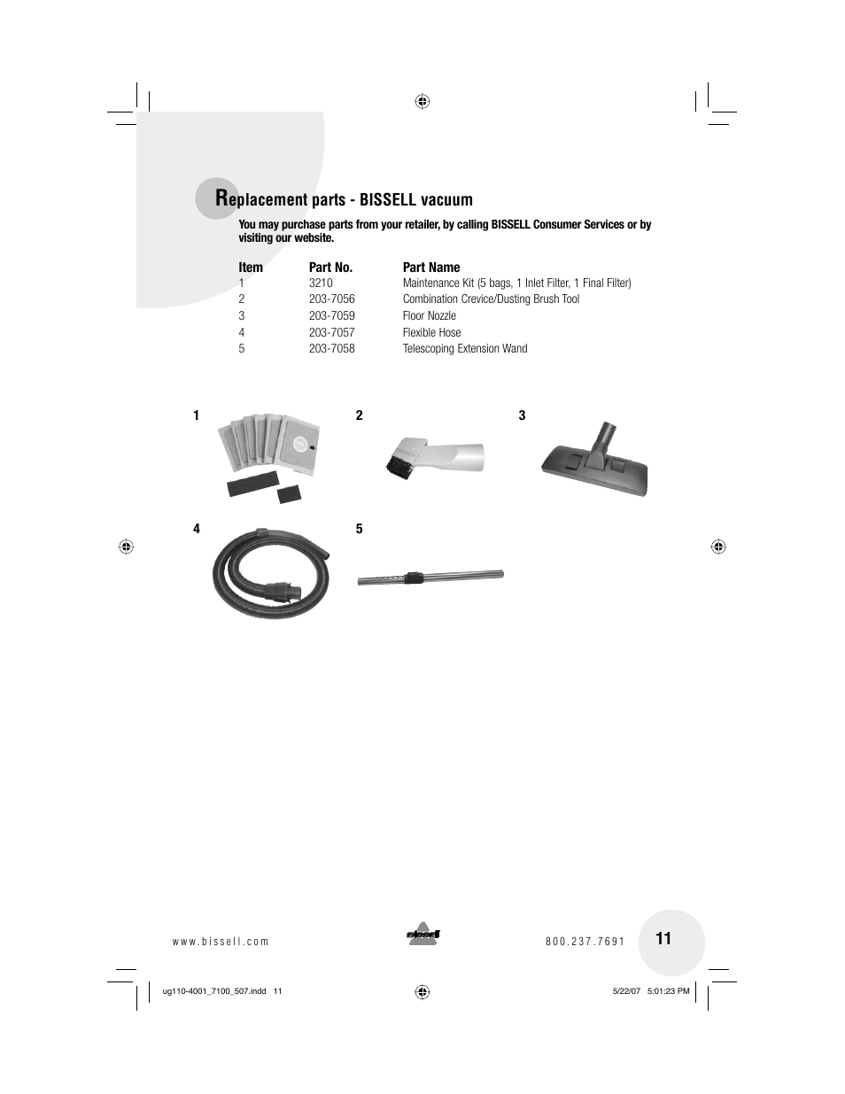Eplacement parts - bissell vacuum | Bissell 7100 User Manual | Page 11 / 12