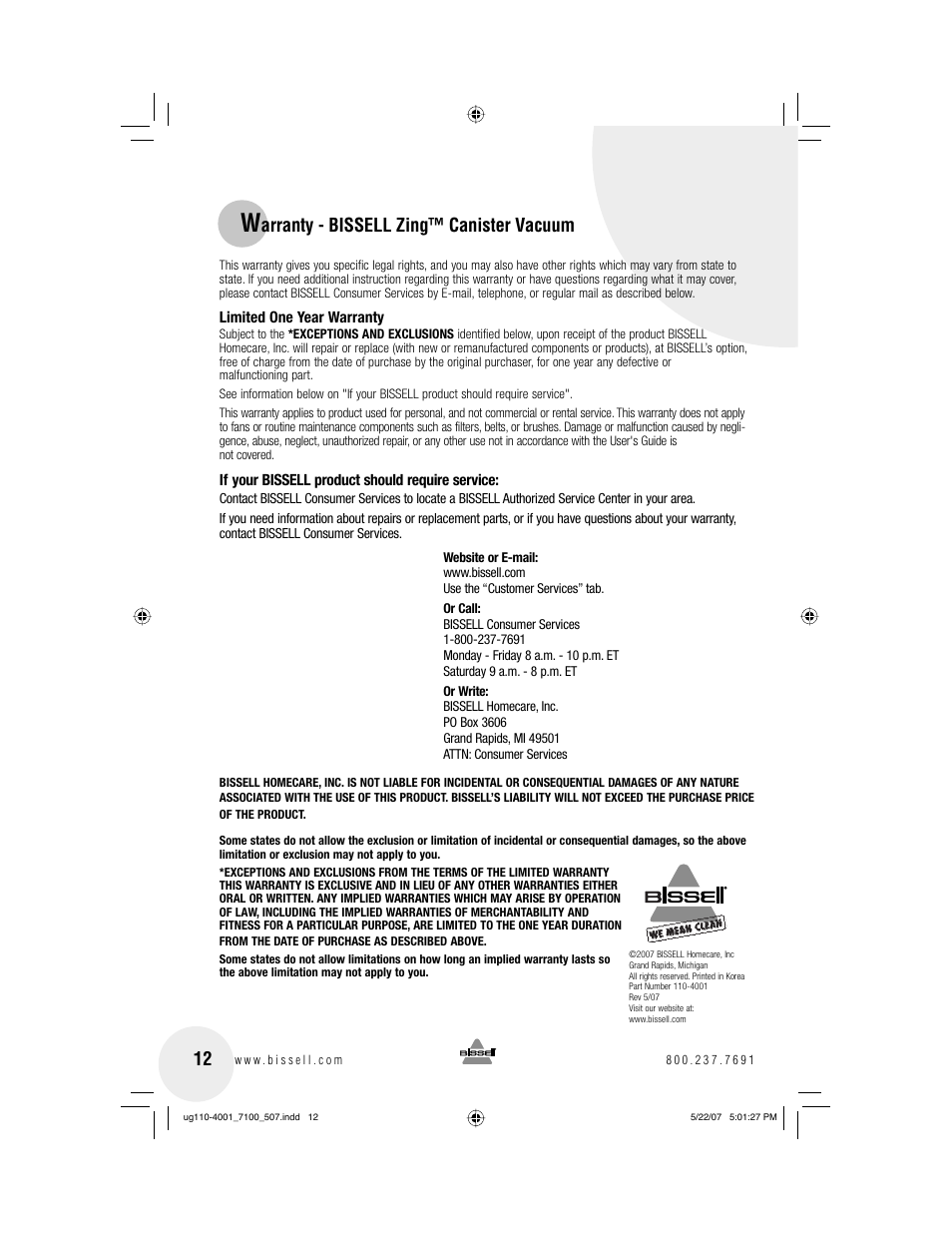 Arranty - bissell zing™ canister vacuum | Bissell 7100 User Manual | Page 12 / 12