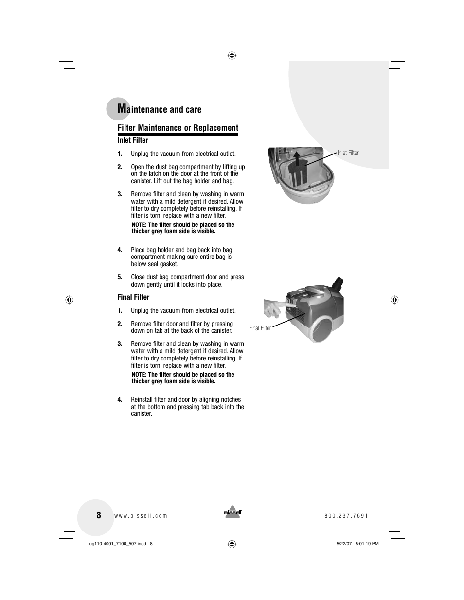 Aintenance and care | Bissell 7100 User Manual | Page 8 / 12