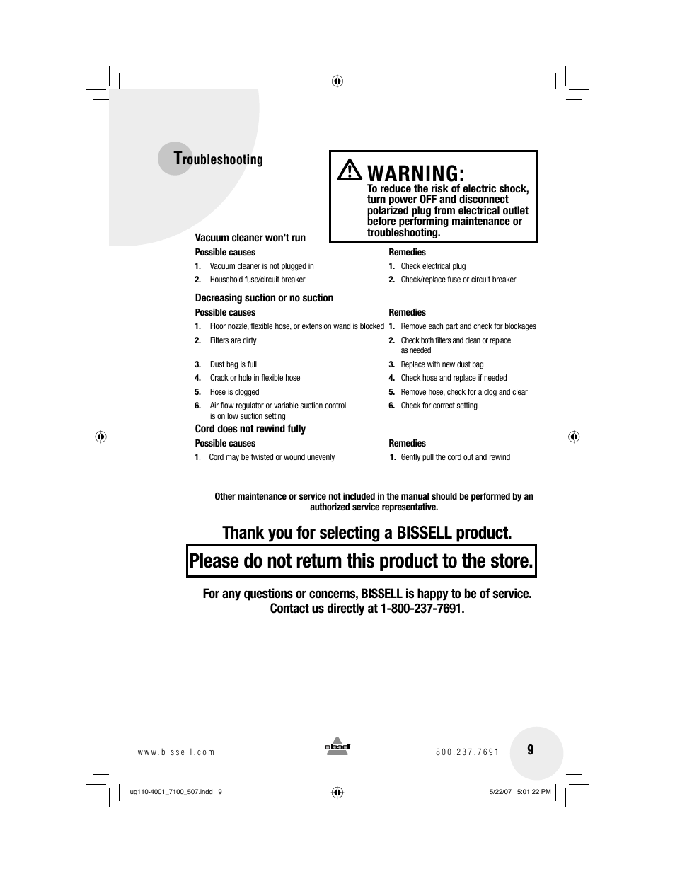 Warning, Please do not return this product to the store, Roubleshooting | Bissell 7100 User Manual | Page 9 / 12