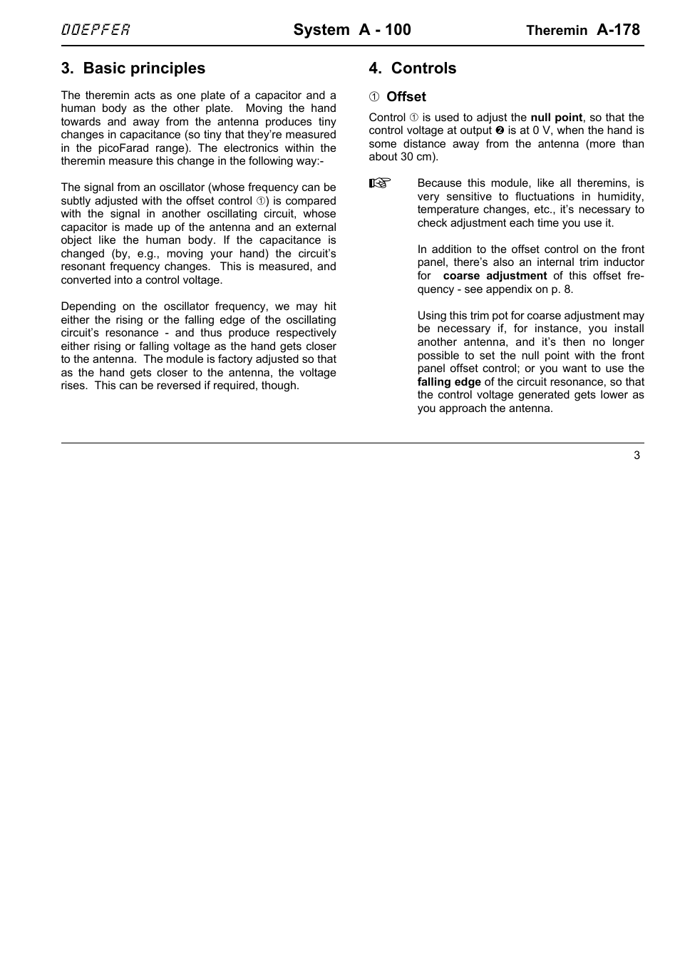 System a - 100, A-178, Basic principles | Controls | Doepfer A-178 Theremin CV Source User Manual | Page 3 / 8