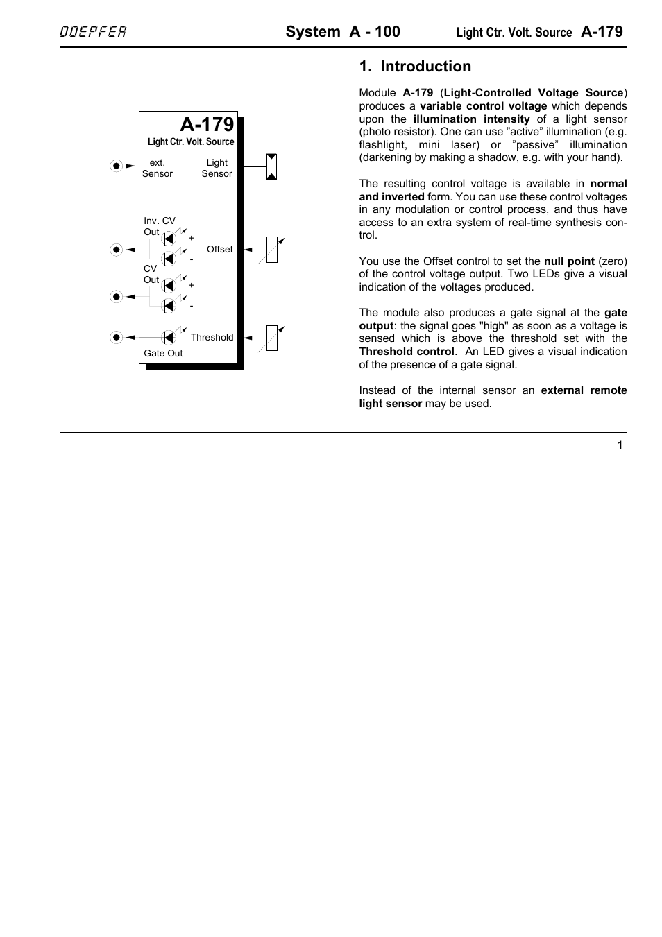 Doepfer A-179 Light Controlled CV Source (no longer available) User Manual | 6 pages