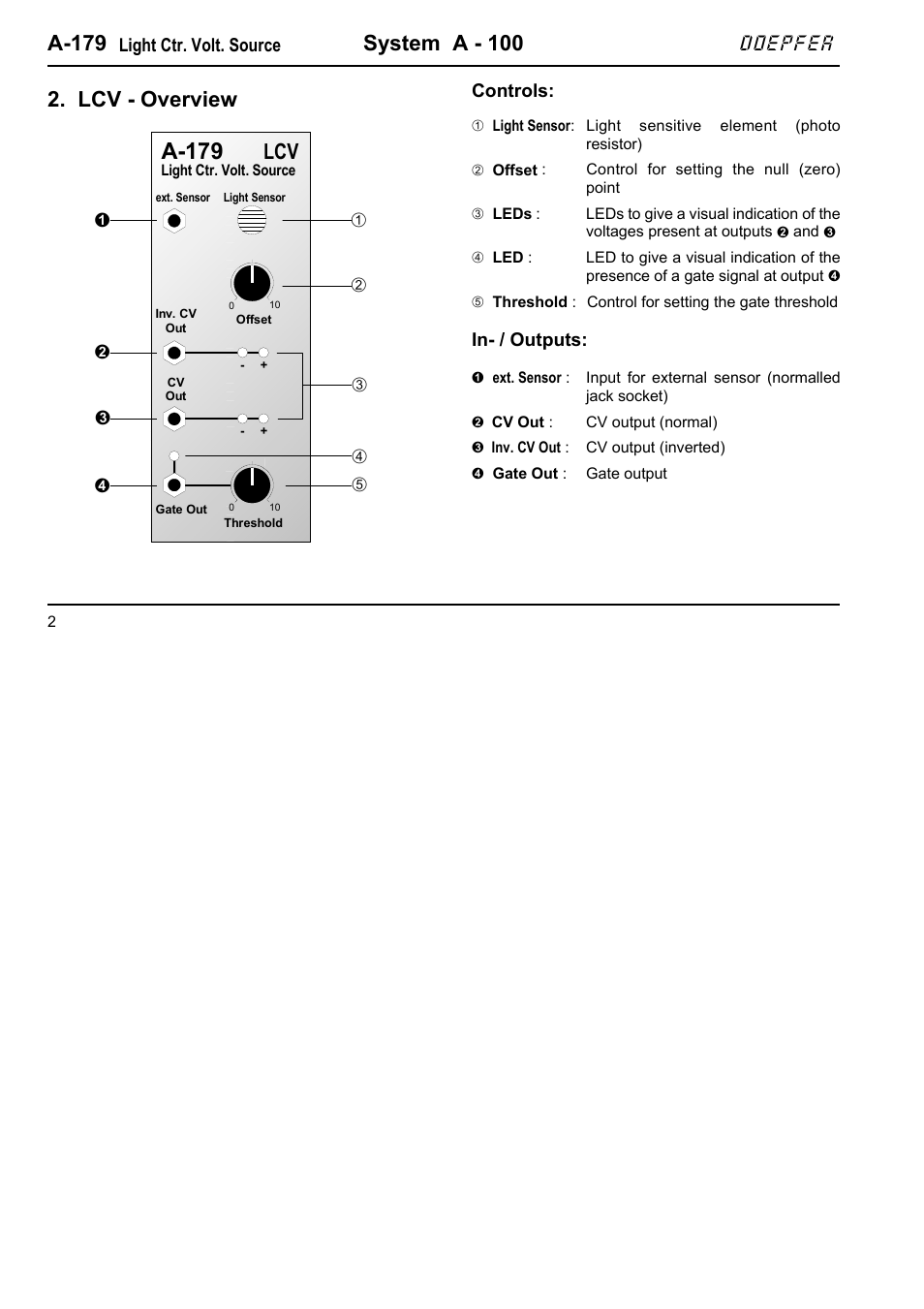 A-179, System a - 100, Lcv - overview | Doepfer | Doepfer A-179 Light Controlled CV Source (no longer available) User Manual | Page 2 / 6