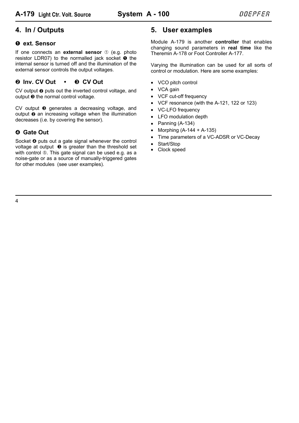 A-179, System a - 100, User examples | Doepfer A-179 Light Controlled CV Source (no longer available) User Manual | Page 4 / 6