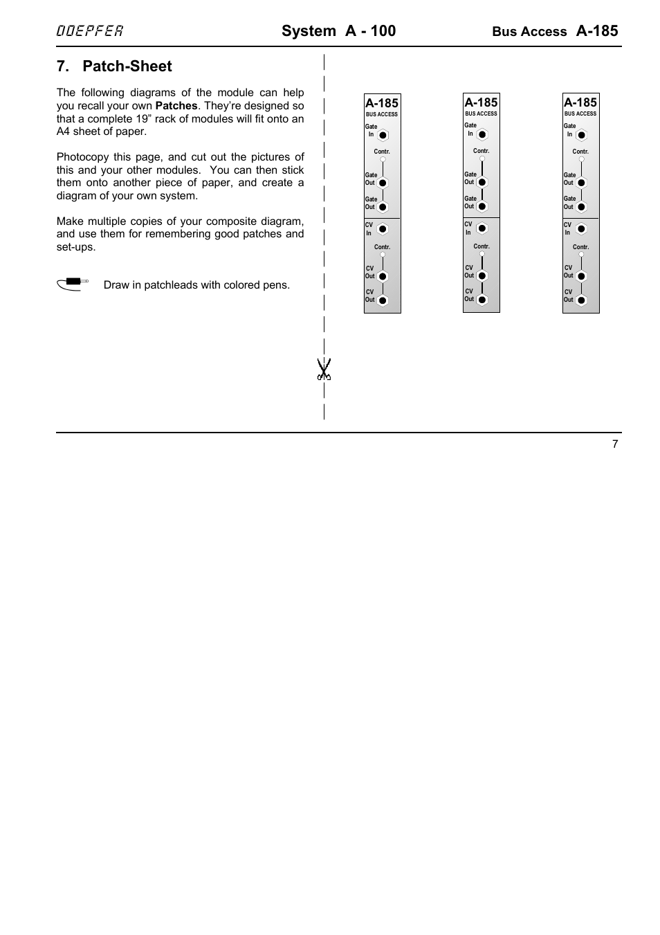 System a - 100, A-185, Patch-sheet | Doepfer, Bus access, Draw in patchleads with colored pens | Doepfer A-185 Bus Access User Manual | Page 7 / 8