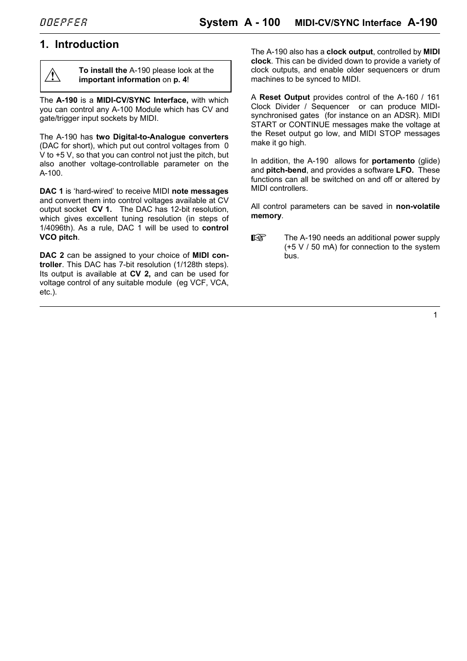 Doepfer A-190-1 MIDI-CV/Gate/Sync Interface User Manual | 22 pages