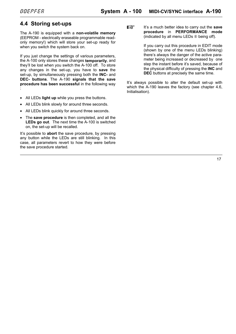 System a - 100, A-190, 4 storing set-ups | Doepfer A-190-1 MIDI-CV/Gate/Sync Interface User Manual | Page 17 / 22