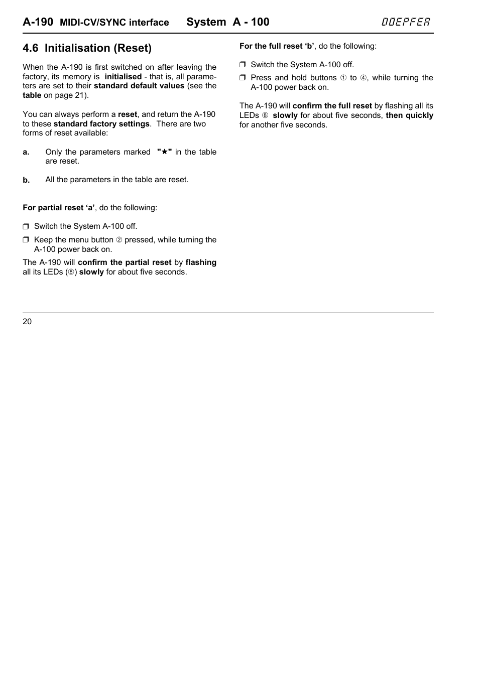 A-190, System a - 100, 6 initialisation (reset) | Doepfer | Doepfer A-190-1 MIDI-CV/Gate/Sync Interface User Manual | Page 20 / 22