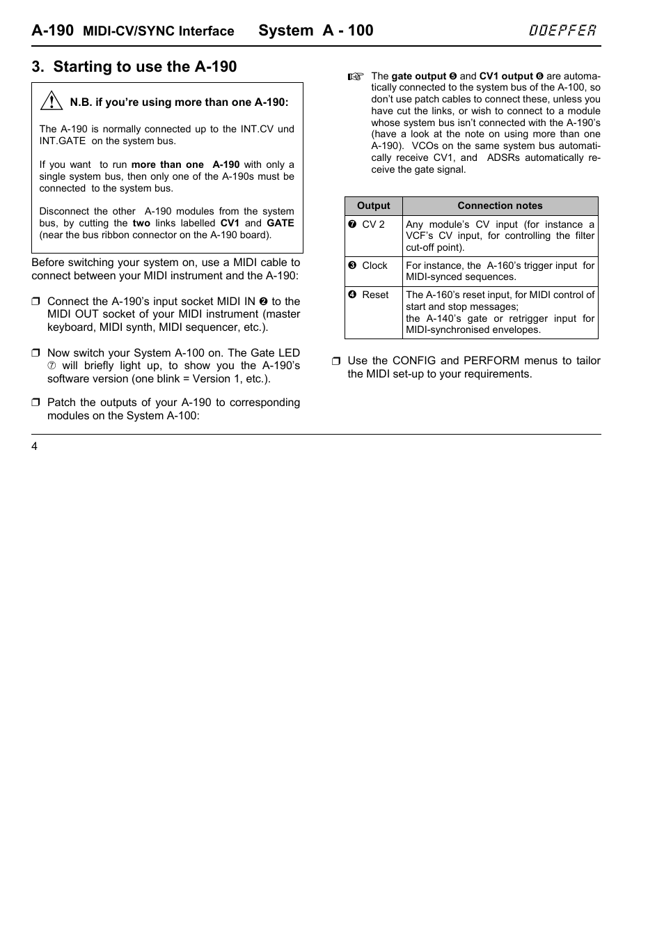 A-190, System a - 100, Starting to use the a-190 | Doepfer | Doepfer A-190-1 MIDI-CV/Gate/Sync Interface User Manual | Page 4 / 22