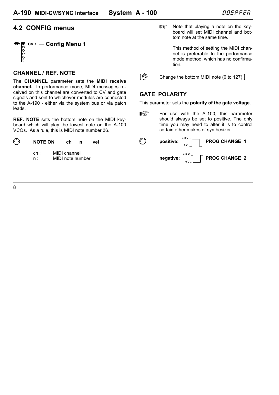 A-190, System a - 100, 2 config menus | M m m m | Doepfer A-190-1 MIDI-CV/Gate/Sync Interface User Manual | Page 8 / 22