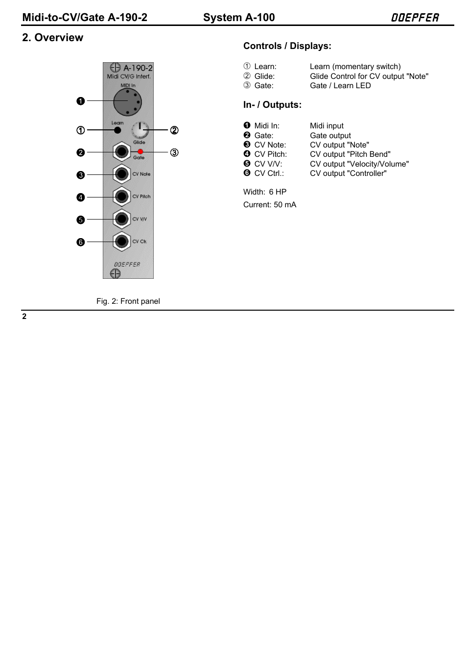Doepfer A-190-2 MIDI-CV/Gate Interface User Manual | Page 2 / 13