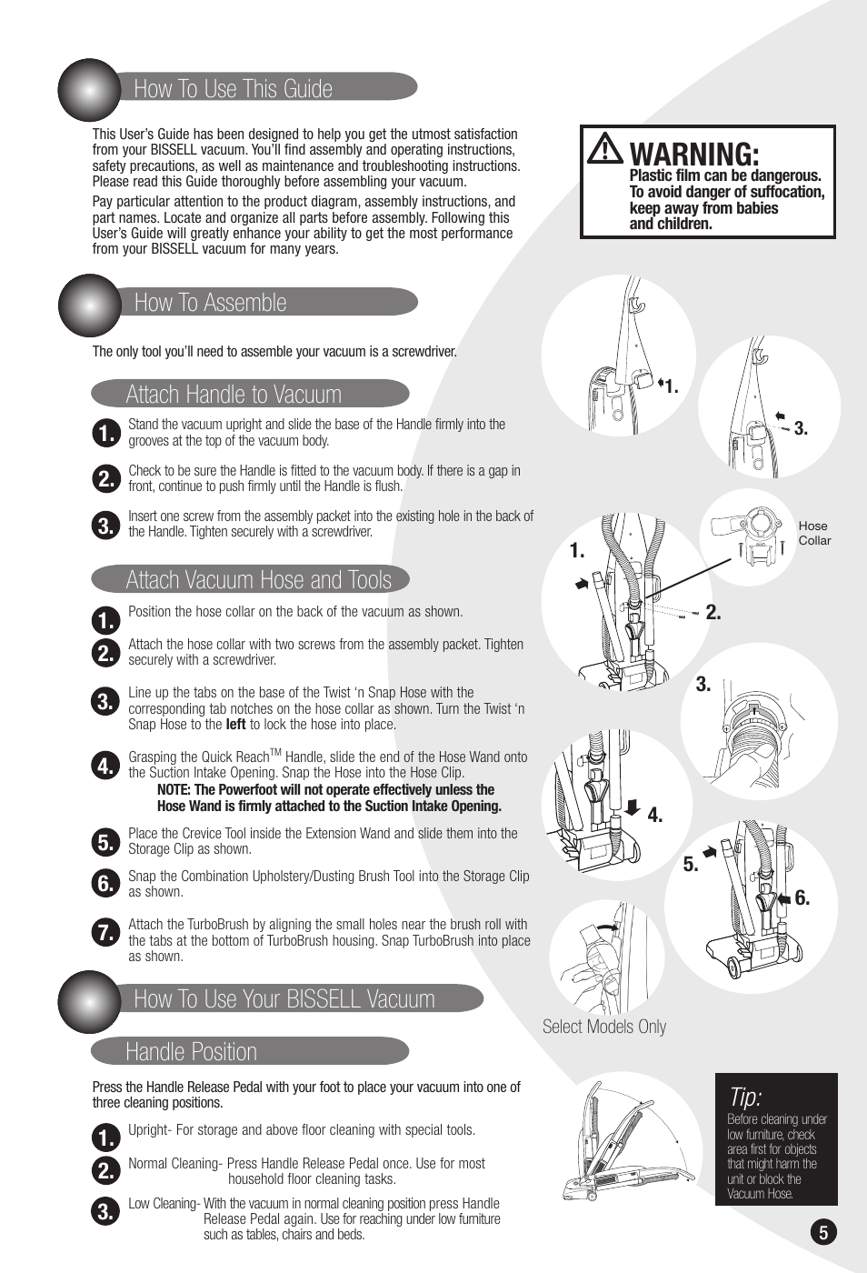 Warning, How to use this guide, Handle position how to use your bissell vacuum | Bissell 6592 User Manual | Page 5 / 12