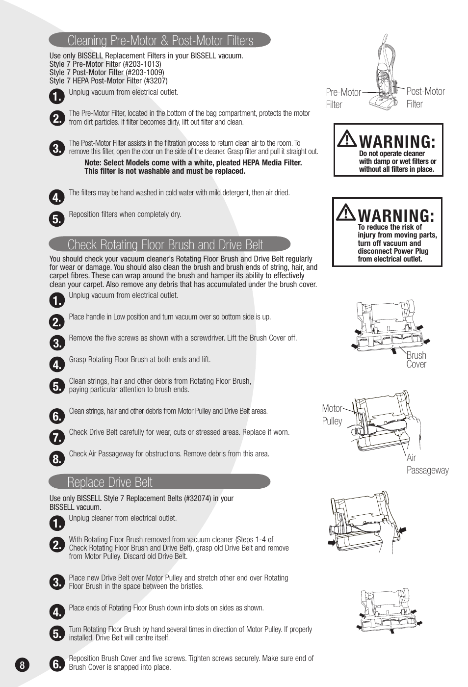 Warning, Replace drive belt | Bissell 6592 User Manual | Page 8 / 12