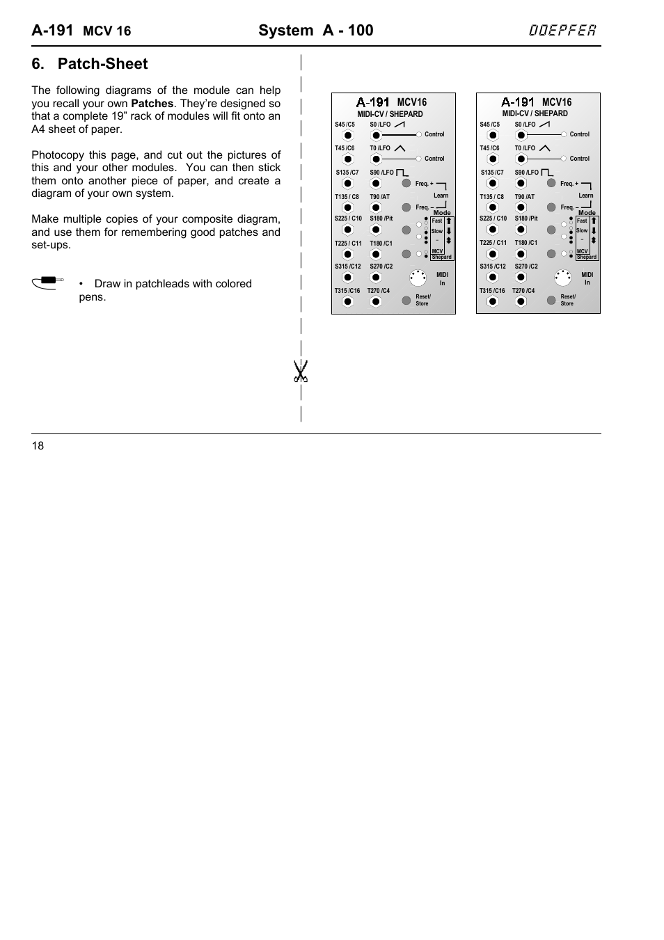 A-191, System a - 100, Patch-sheet | Doepfer, Mcv 16, Draw in patchleads with colored pens, Mcv16 | Doepfer A-191 Shepard Generator/16xMIDI-CV Interface  (no longer available) User Manual | Page 18 / 18