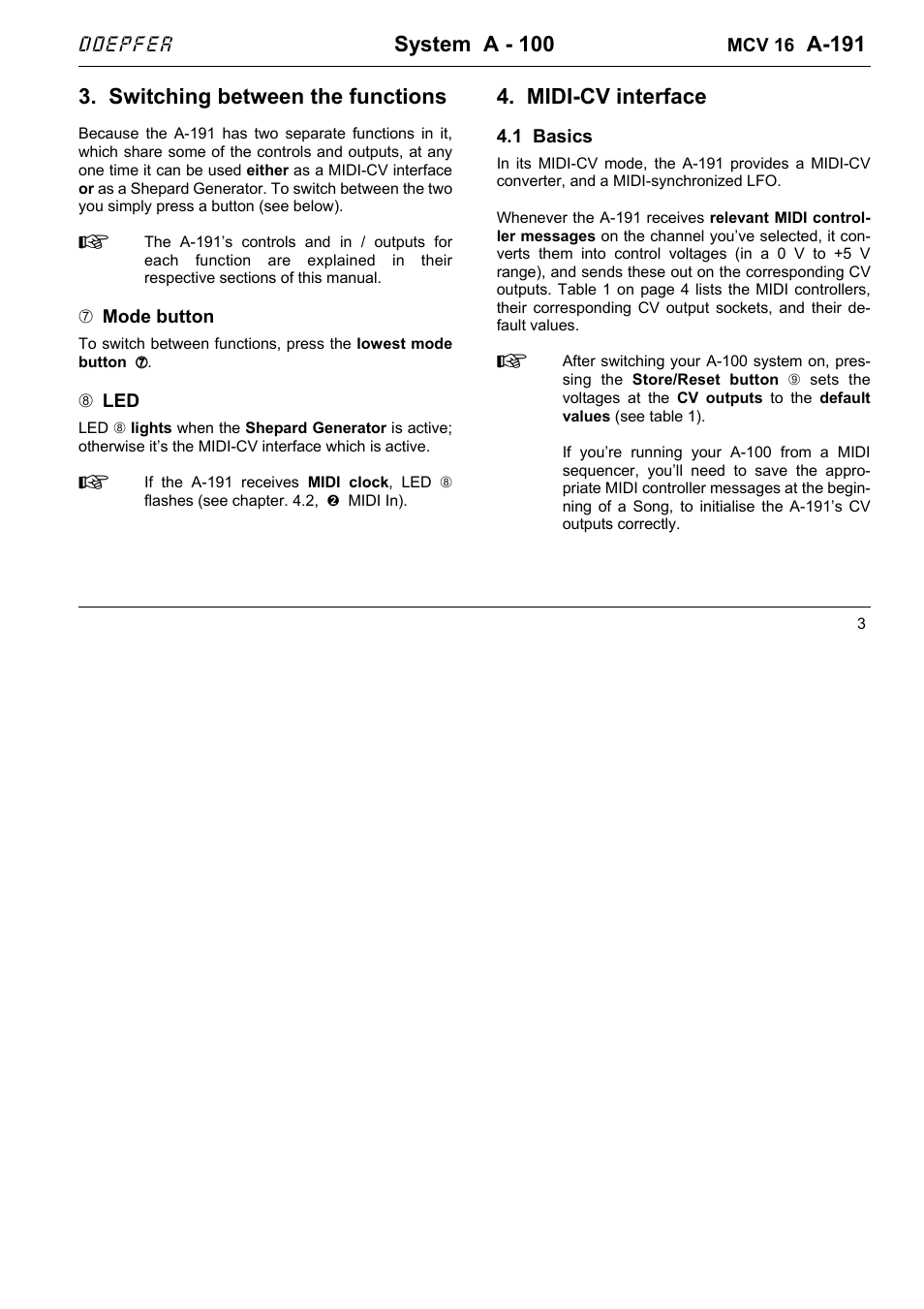 System a - 100, A-191, Switching between the functions | Midi-cv interface | Doepfer A-191 Shepard Generator/16xMIDI-CV Interface  (no longer available) User Manual | Page 3 / 18