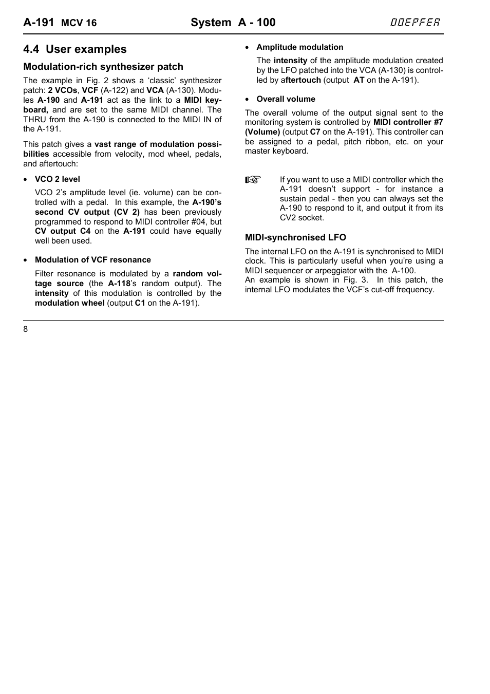 A-191, System a - 100, 4 user examples | Doepfer A-191 Shepard Generator/16xMIDI-CV Interface  (no longer available) User Manual | Page 8 / 18