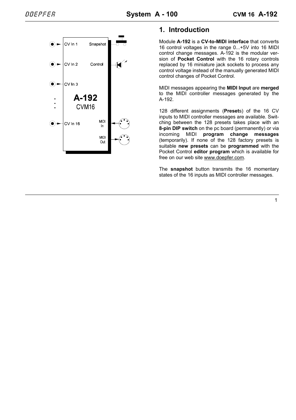 Doepfer A-192 CV to MIDI Interface User Manual | 10 pages