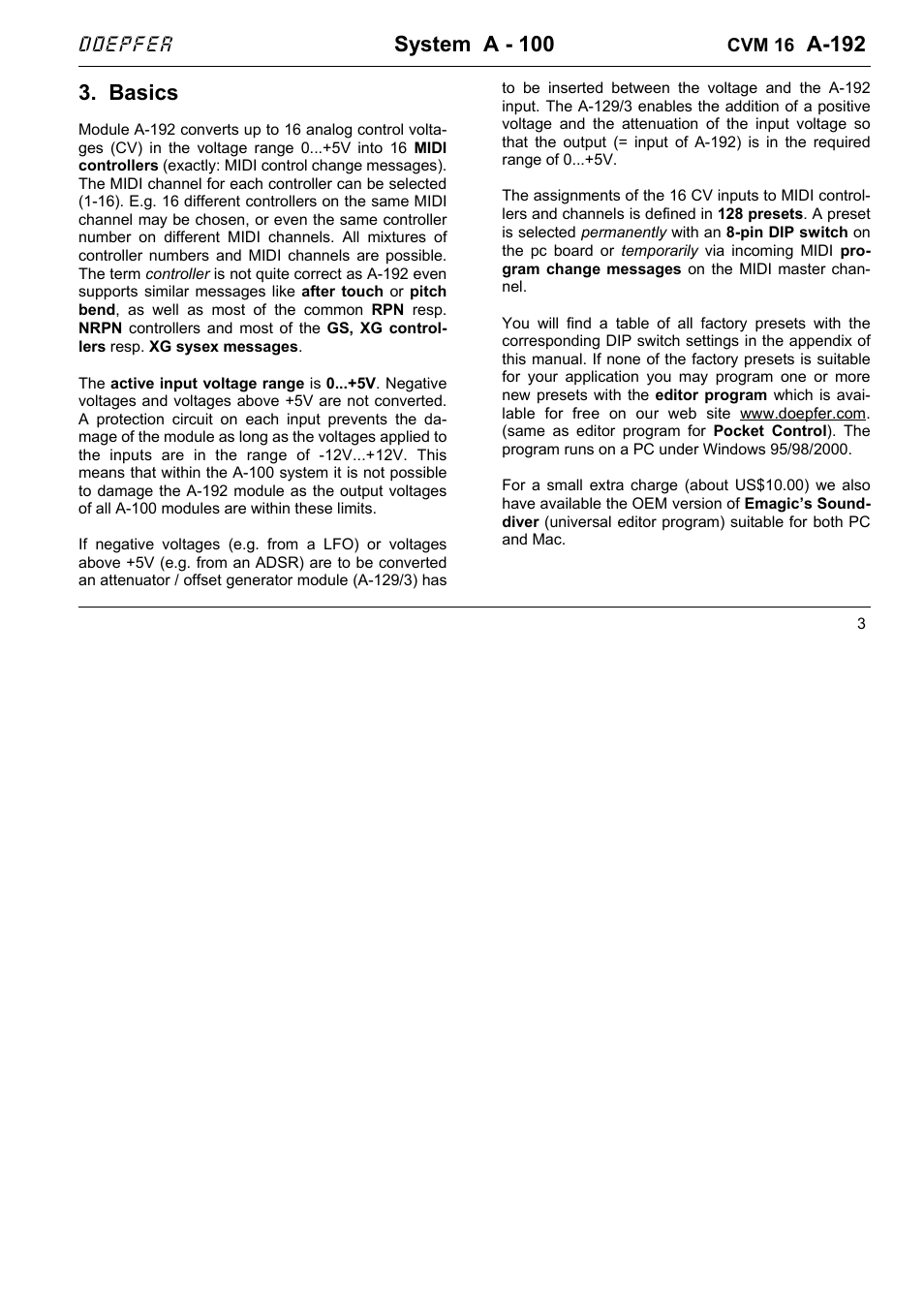 System a - 100, A-192, Basics | Doepfer A-192 CV to MIDI Interface User Manual | Page 3 / 10