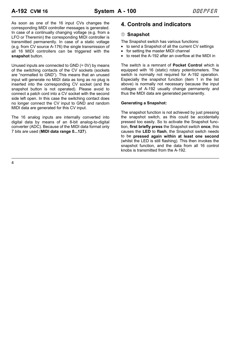 A-192, System a - 100, Controls and indicators | Doepfer A-192 CV to MIDI Interface User Manual | Page 4 / 10