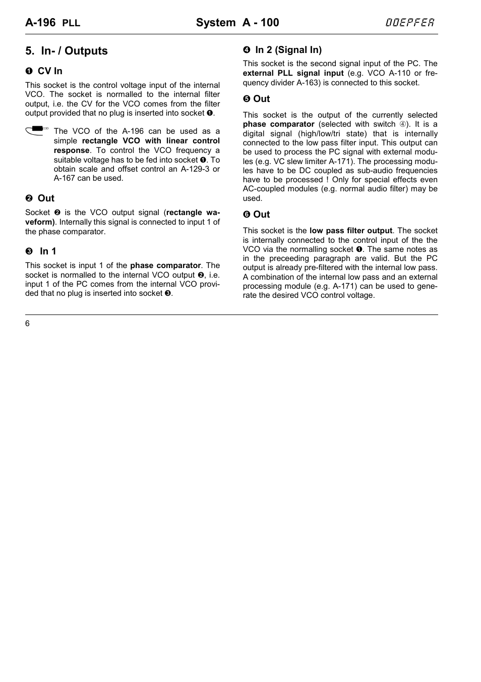 A-196, System a - 100, In- / outputs | Doepfer A-196 PLL User Manual | Page 6 / 8