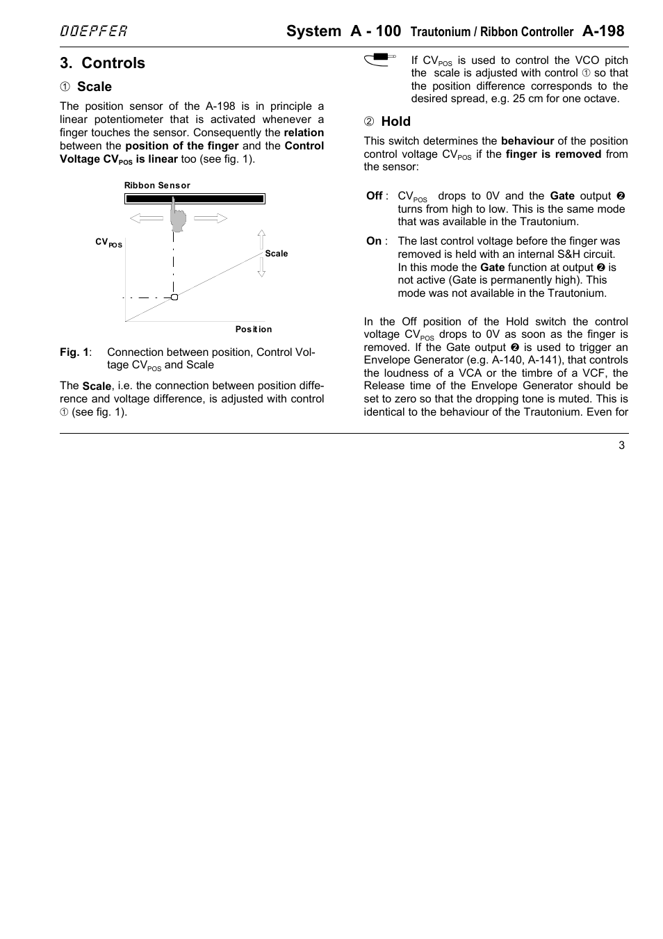 System a - 100, A-198, Controls | Doepfer, Trautonium / ribbon controller, 1scale, 2hold | Doepfer A-198 Trautonium / Ribbon Controller User Manual | Page 3 / 10