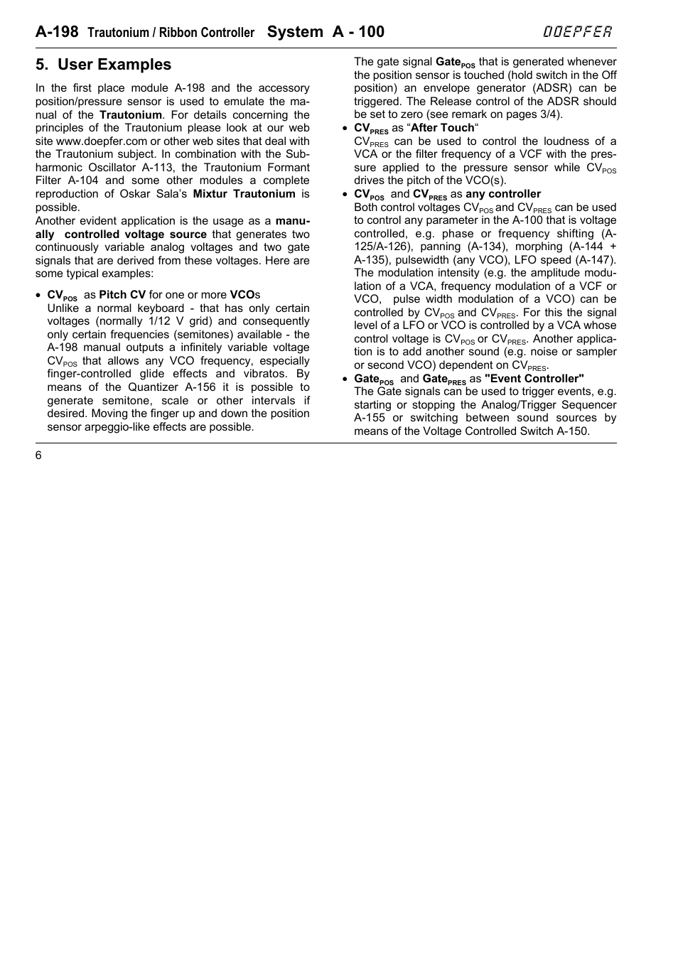 A-198, System a - 100, User examples | Doepfer, Trautonium / ribbon controller | Doepfer A-198 Trautonium / Ribbon Controller User Manual | Page 6 / 10