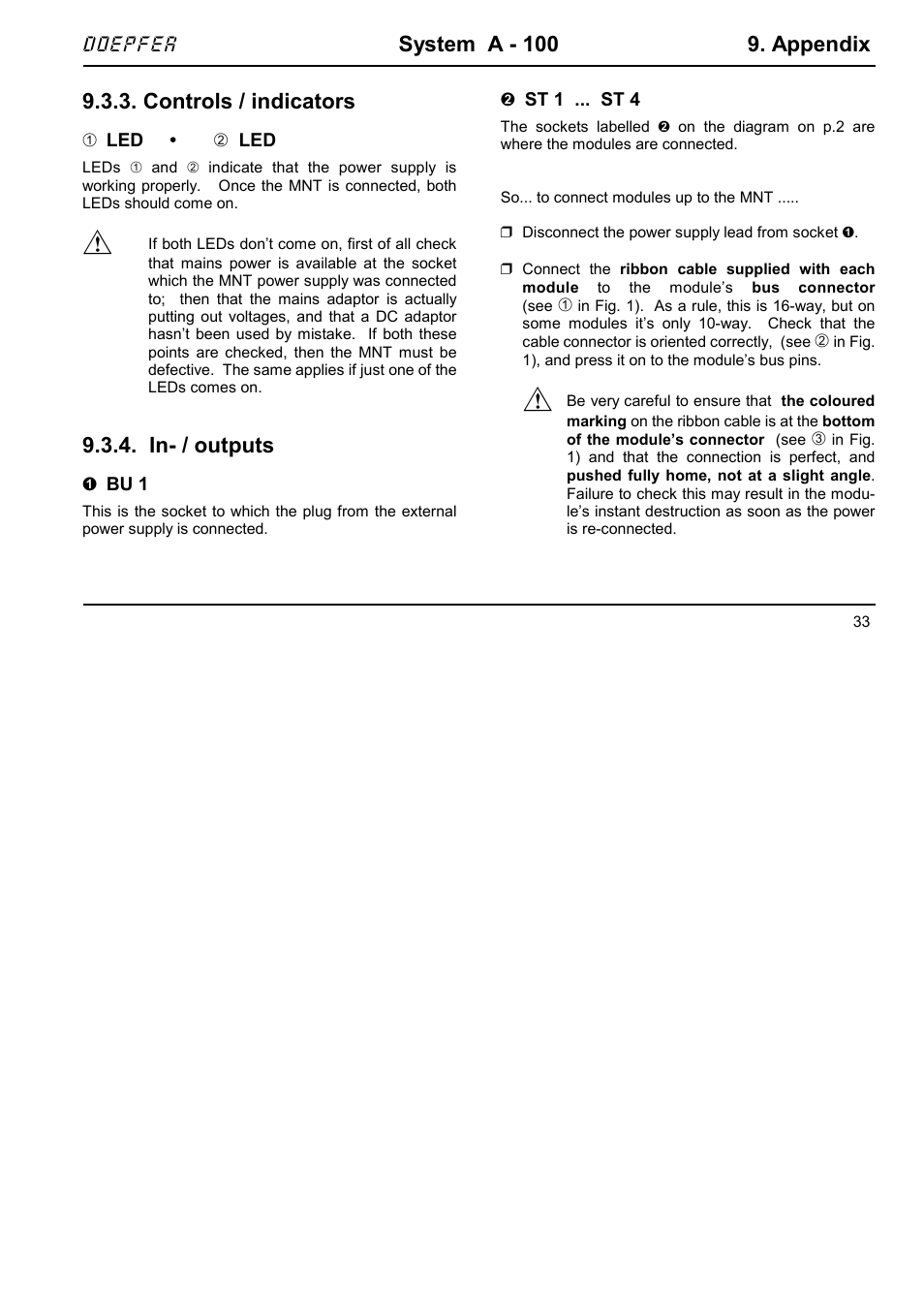 System a - 100 9. appendix, Controls / indicators, In- / outputs | Doepfer A-100MNT Miniature Power Supply User Manual | Page 3 / 4