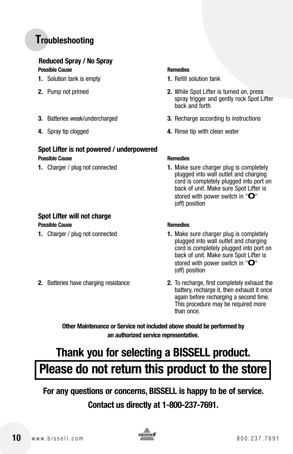 Please do not return this product to the store, Roubleshooting | Bissell SPOT LIFTER 1718 series User Manual | Page 10 / 12