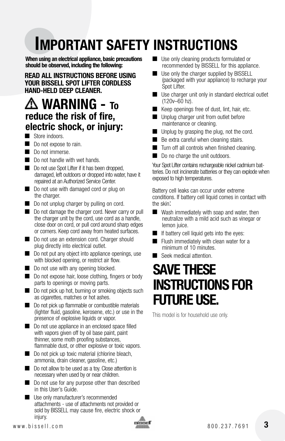 Warning, Save these instructions for future use, Mportant safety instructions | Bissell SPOT LIFTER 1718 series User Manual | Page 3 / 12