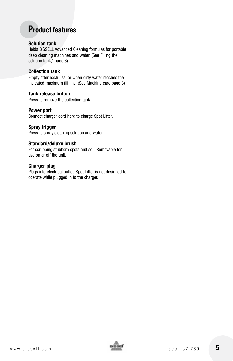 Roduct features | Bissell SPOT LIFTER 1718 series User Manual | Page 5 / 12