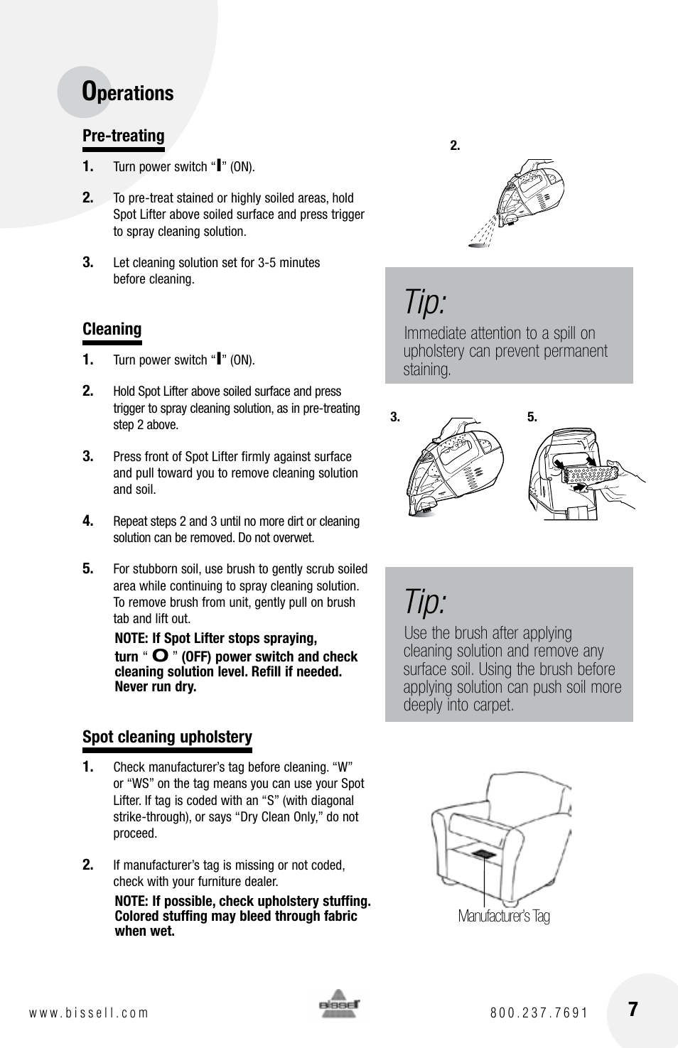 Perations | Bissell SPOT LIFTER 1718 series User Manual | Page 7 / 12