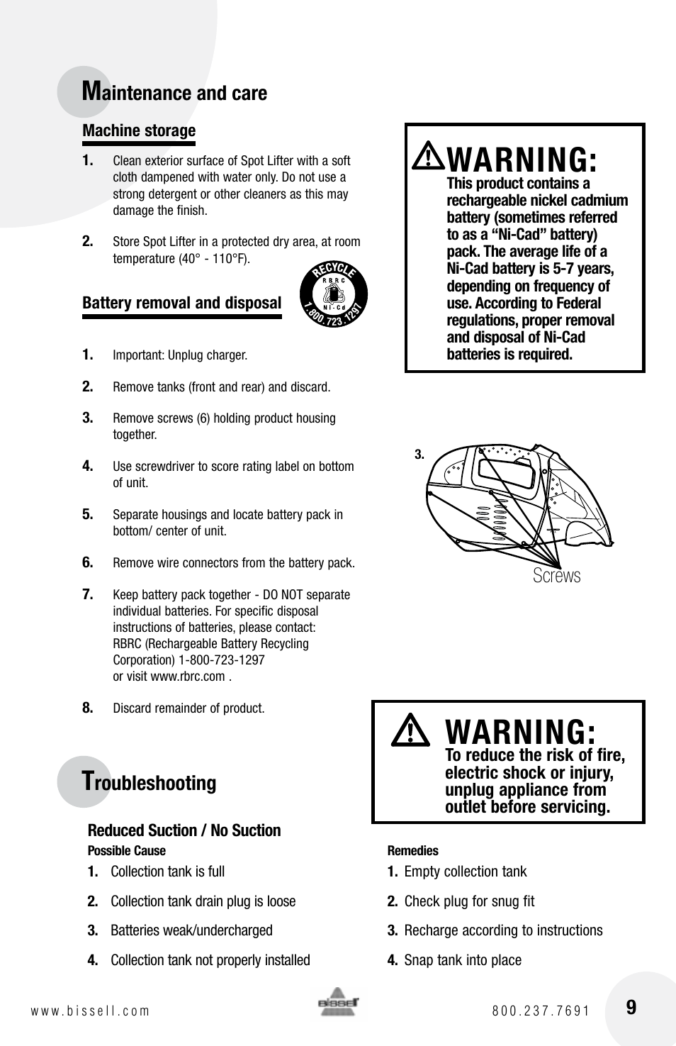 Warning, Aintenance and care screws, Roubleshooting | Bissell SPOT LIFTER 1718 series User Manual | Page 9 / 12