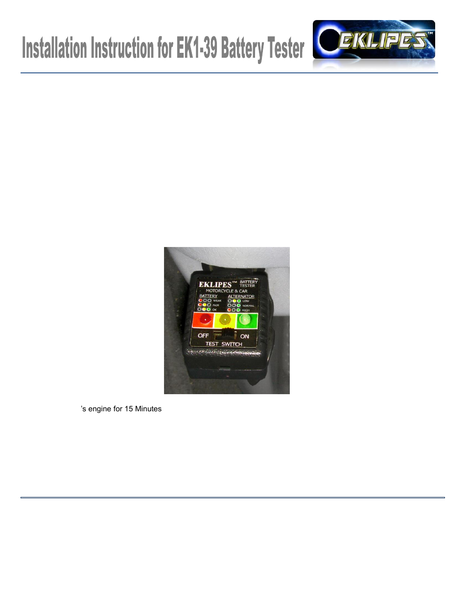 EKLIPES EKLIPE Motorcycle / Automotive 12 Volt Battery & Alternator Tester User Manual | 1 page