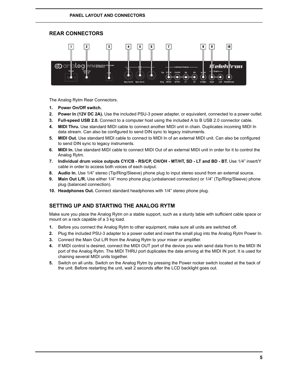 Rear connectors, Setting up and starting the analog rytm | Elektron Analog Rytm User Manual | Page 13 / 106