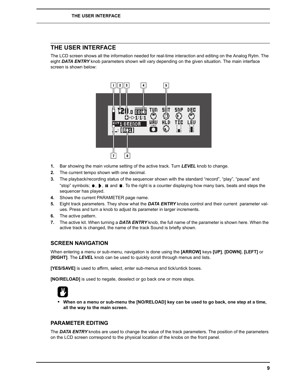 The user interface, Screen navigation, Parameter editing | Screen navigation parameter editing | Elektron Analog Rytm User Manual | Page 17 / 106