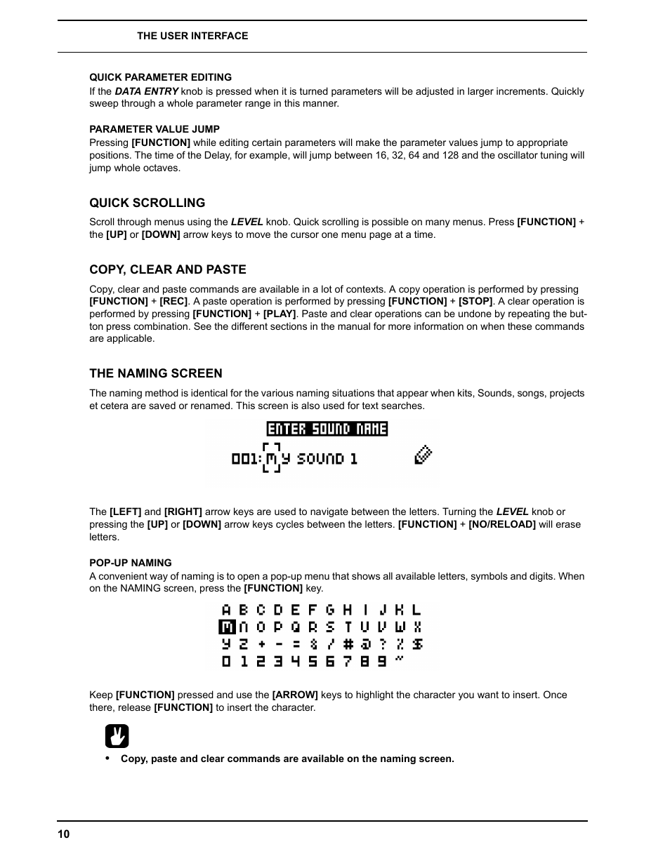 Quick parameter editing, Parameter value jump, Quick scrolling | Copy, clear and paste, The naming screen, Pop-up naming, Quick parameter editing parameter value jump | Elektron Analog Rytm User Manual | Page 18 / 106