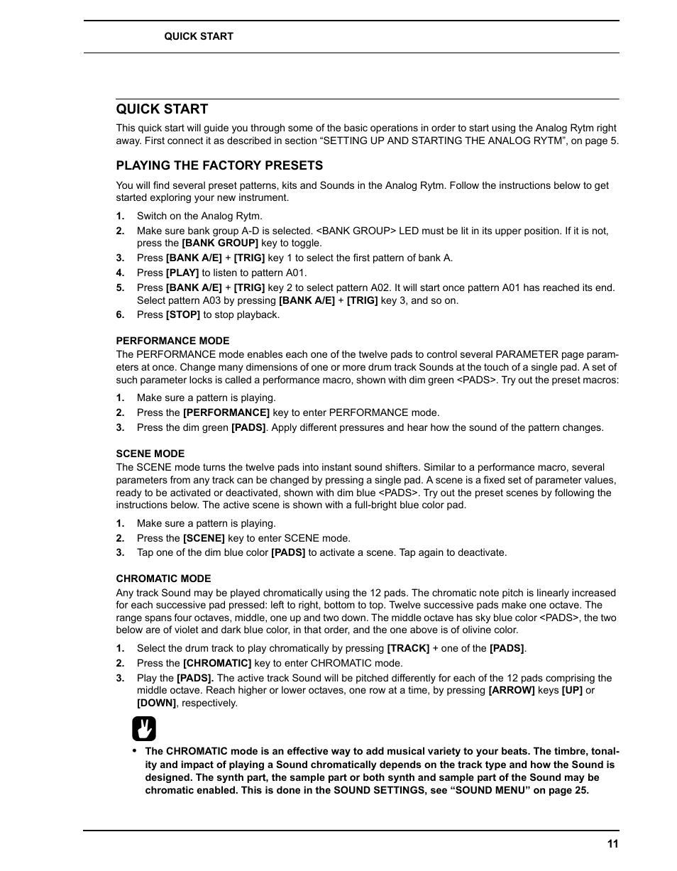Quick start, Playing the factory presets, Performance mode | Scene mode, Chromatic mode, Performance mode scene mode chromatic mode | Elektron Analog Rytm User Manual | Page 19 / 106