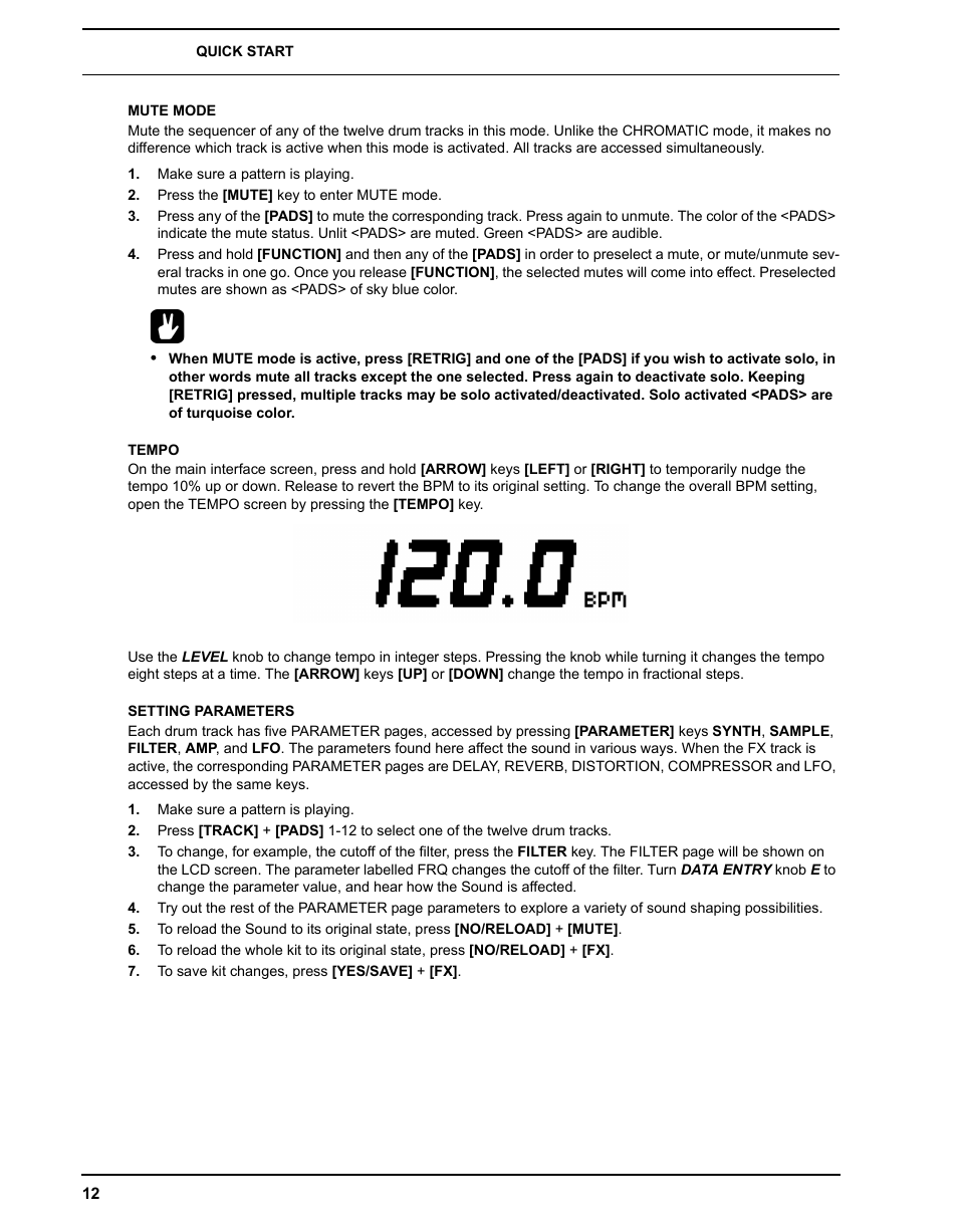Mute mode, Tempo, Setting parameters | Mute mode tempo setting parameters | Elektron Analog Rytm User Manual | Page 20 / 106