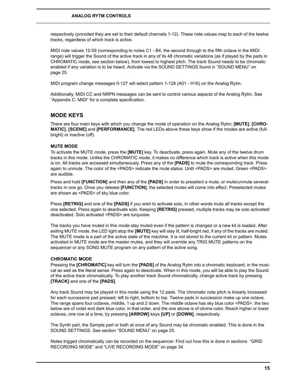 Mode keys, Mute mode, Chromatic mode | Elektron Analog Rytm User Manual | Page 23 / 106