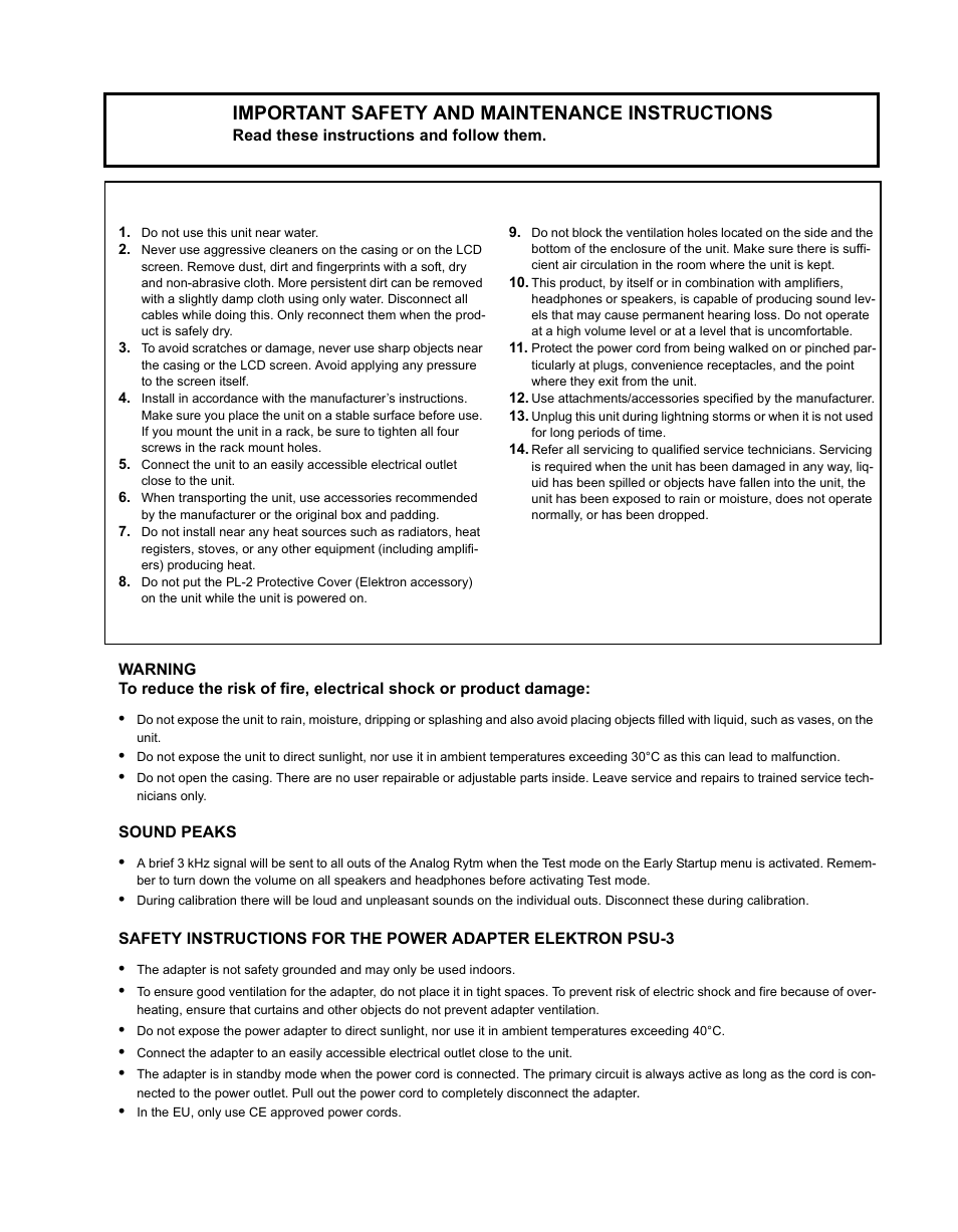 Important safety and maintenance instructions | Elektron Analog Rytm User Manual | Page 3 / 106