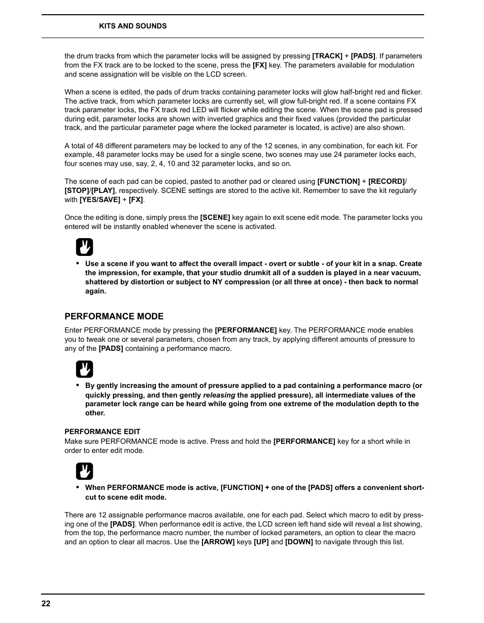 Performance mode, Performance edit | Elektron Analog Rytm User Manual | Page 30 / 106