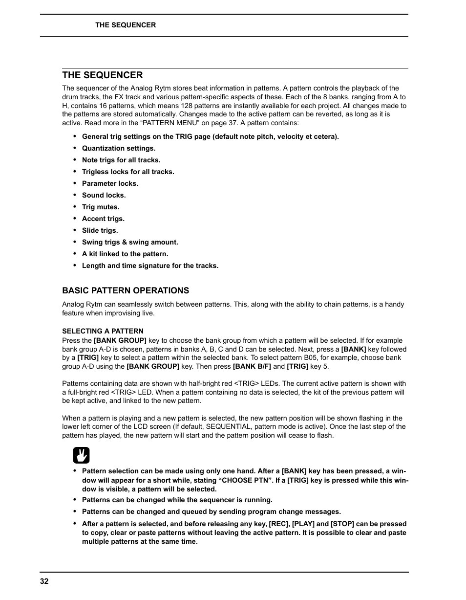 The sequencer, Basic pattern operations, Selecting a pattern | Elektron Analog Rytm User Manual | Page 40 / 106