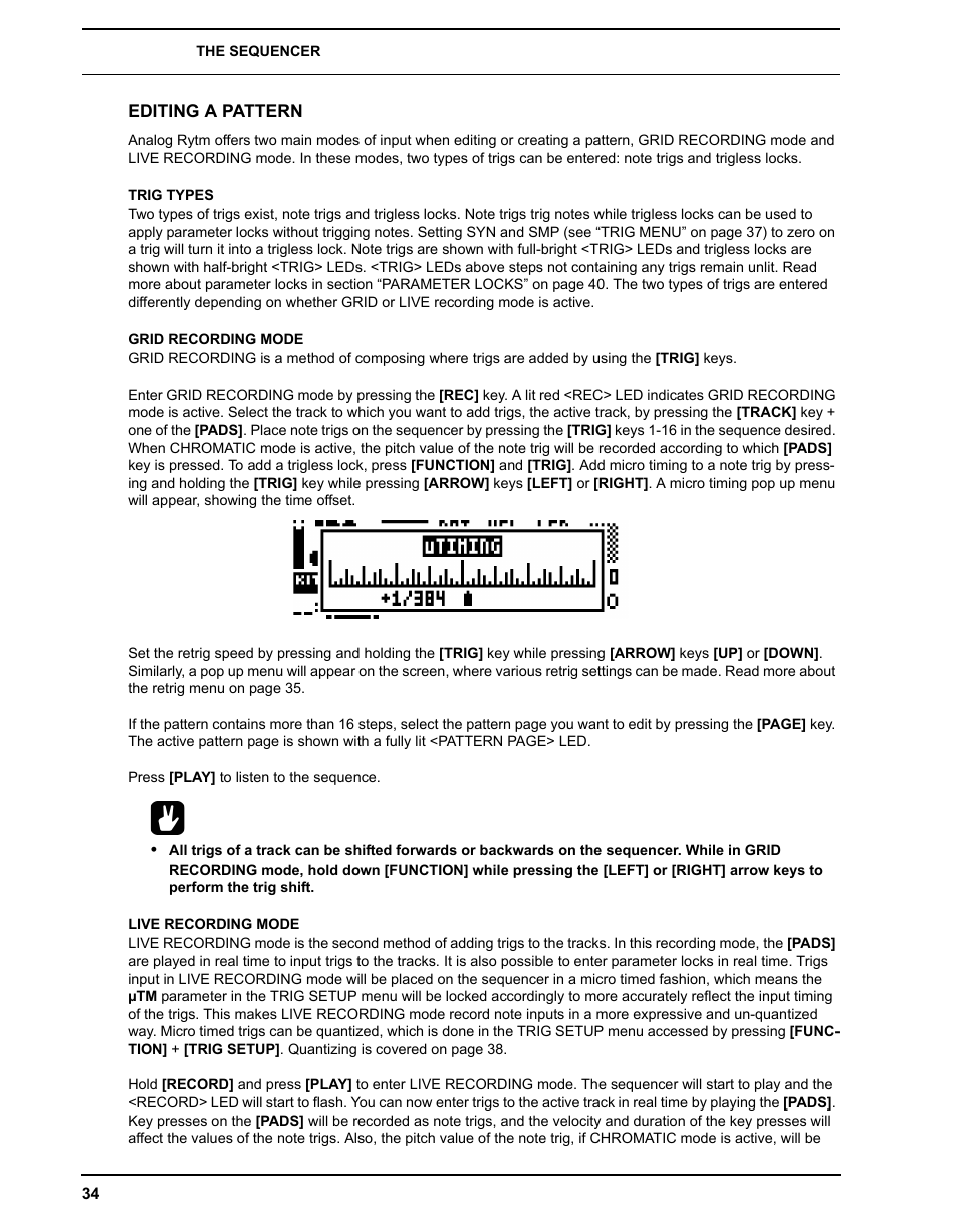 Editing a pattern, Trig types, Grid recording mode | Live recording mode, Trig types grid recording mode live recording mode | Elektron Analog Rytm User Manual | Page 42 / 106