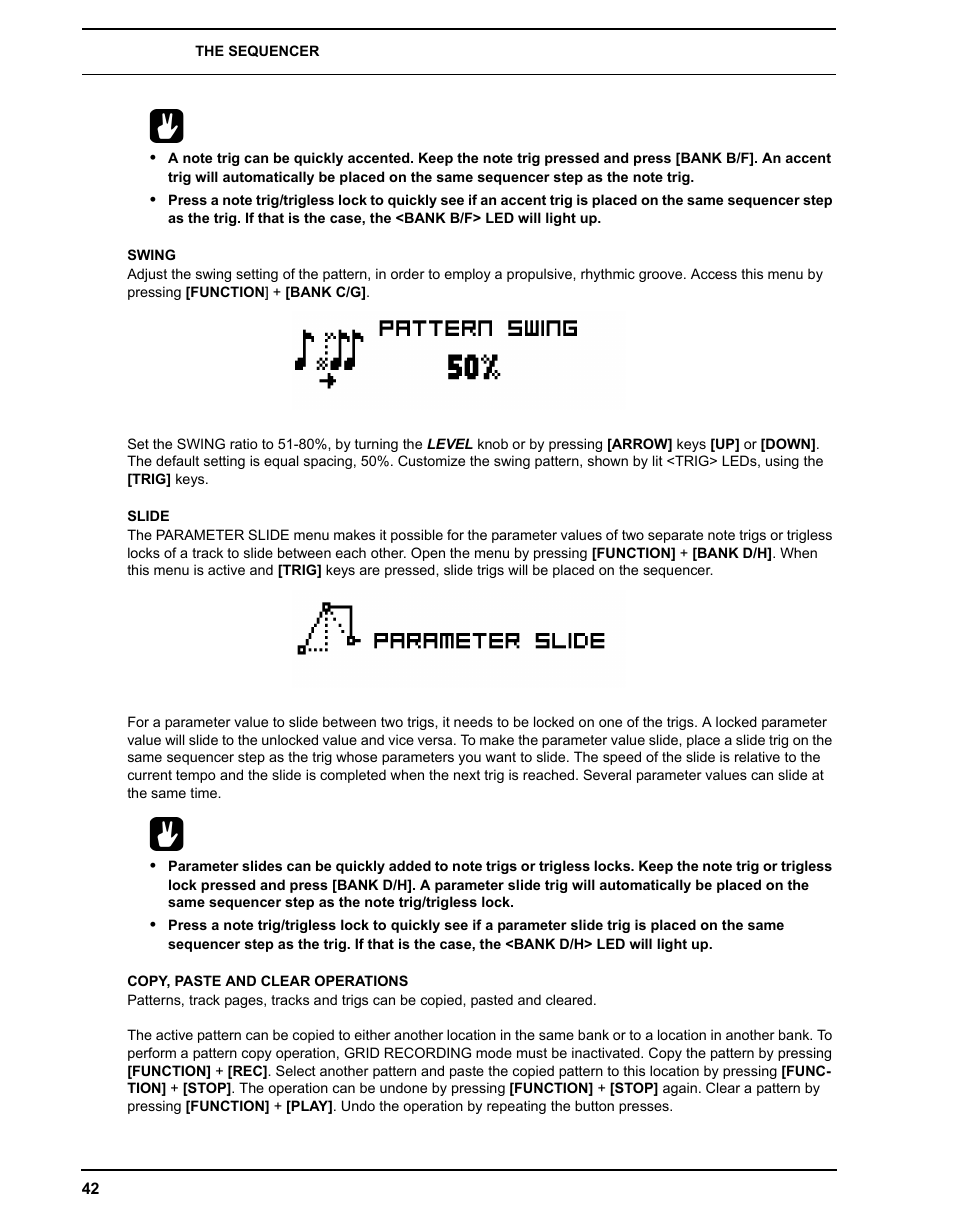 Swing, Slide, Copy, paste and clear operations | Swing slide copy, paste and clear operations | Elektron Analog Rytm User Manual | Page 50 / 106