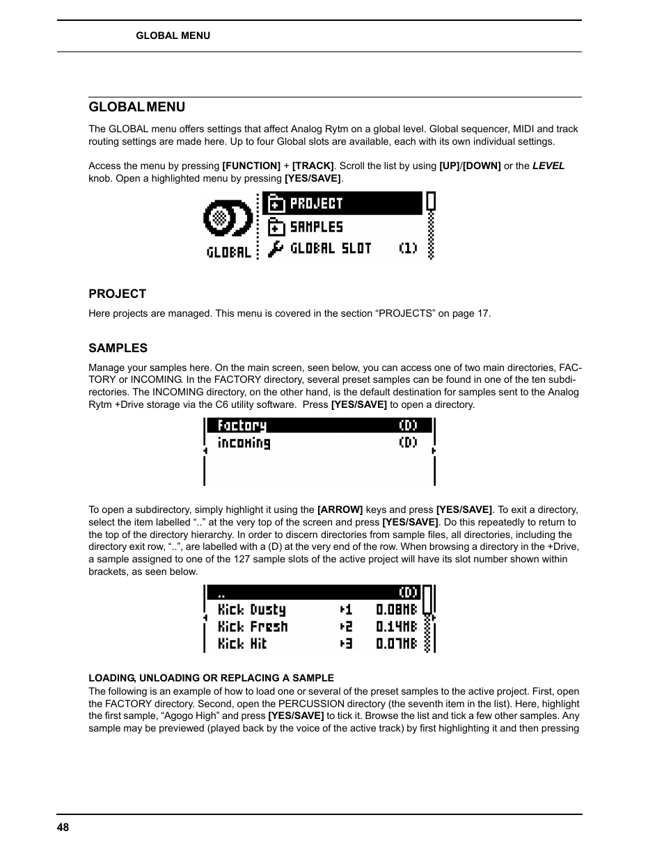 Global menu, Project, Samples | Loading, unloading or replacing a sample, Project samples | Elektron Analog Rytm User Manual | Page 56 / 106