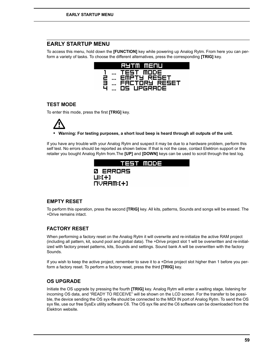 Early startup menu, Test mode, Empty reset | Factory reset, Os upgrade, Test mode empty reset factory reset os upgrade | Elektron Analog Rytm User Manual | Page 67 / 106