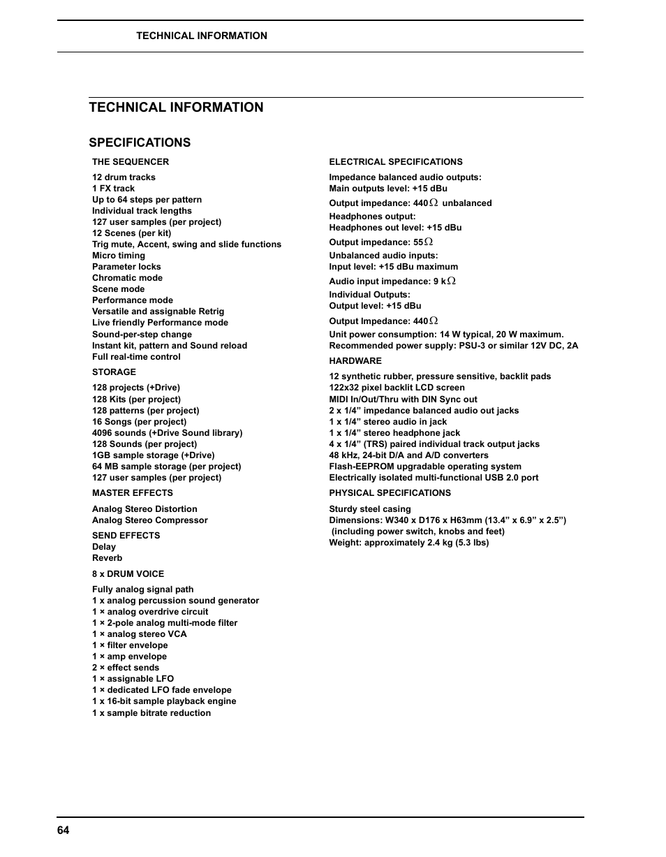 Technical information, Specifications | Elektron Analog Rytm User Manual | Page 72 / 106
