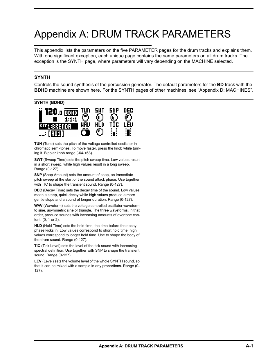 Appendix a: drum track parameters, Synth | Elektron Analog Rytm User Manual | Page 75 / 106