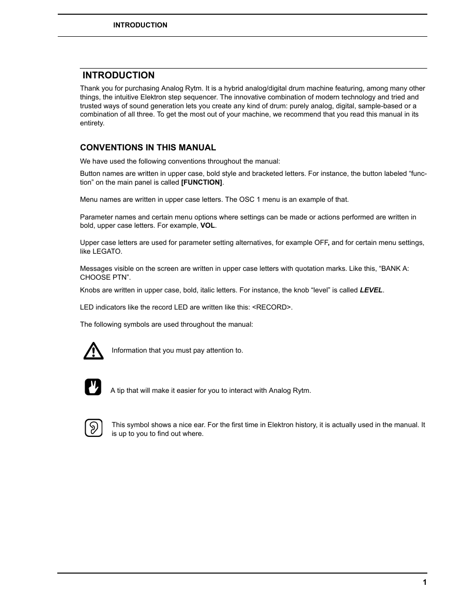 Introduction, Conventions in this manual | Elektron Analog Rytm User Manual | Page 9 / 106
